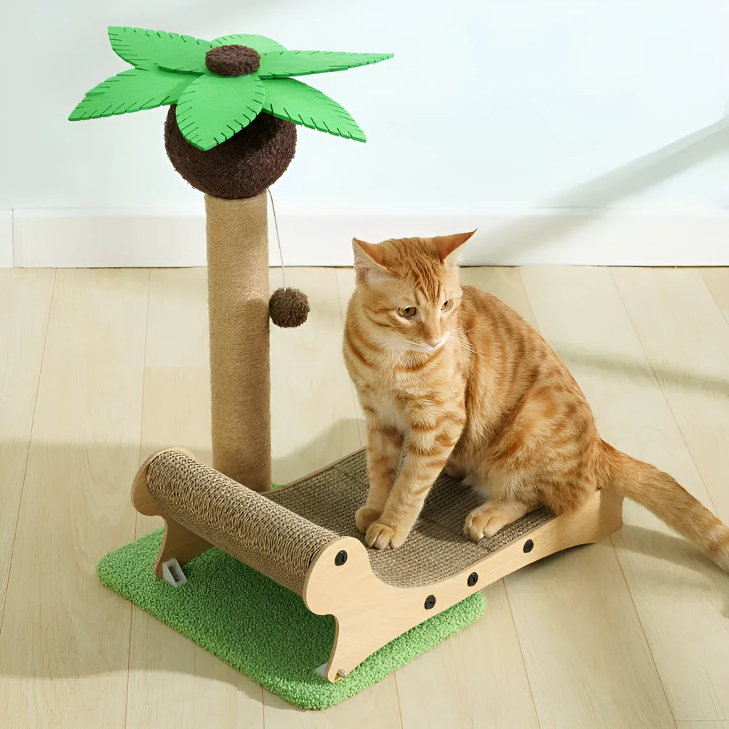 Wooden beach chair style cat climbing frame nest with a central hemp-wrapped scratching post.