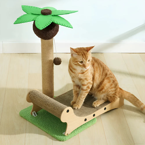 Wooden beach chair style cat climbing frame nest with a central hemp-wrapped scratching post.