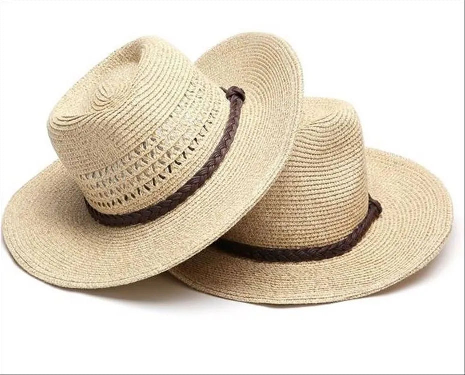 Men's foldable wide brim straw hat in mixed beige colour shown from side angle