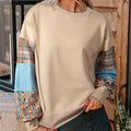 Women's loose-fit plaid stitching long-sleeved polyester top in beige colour