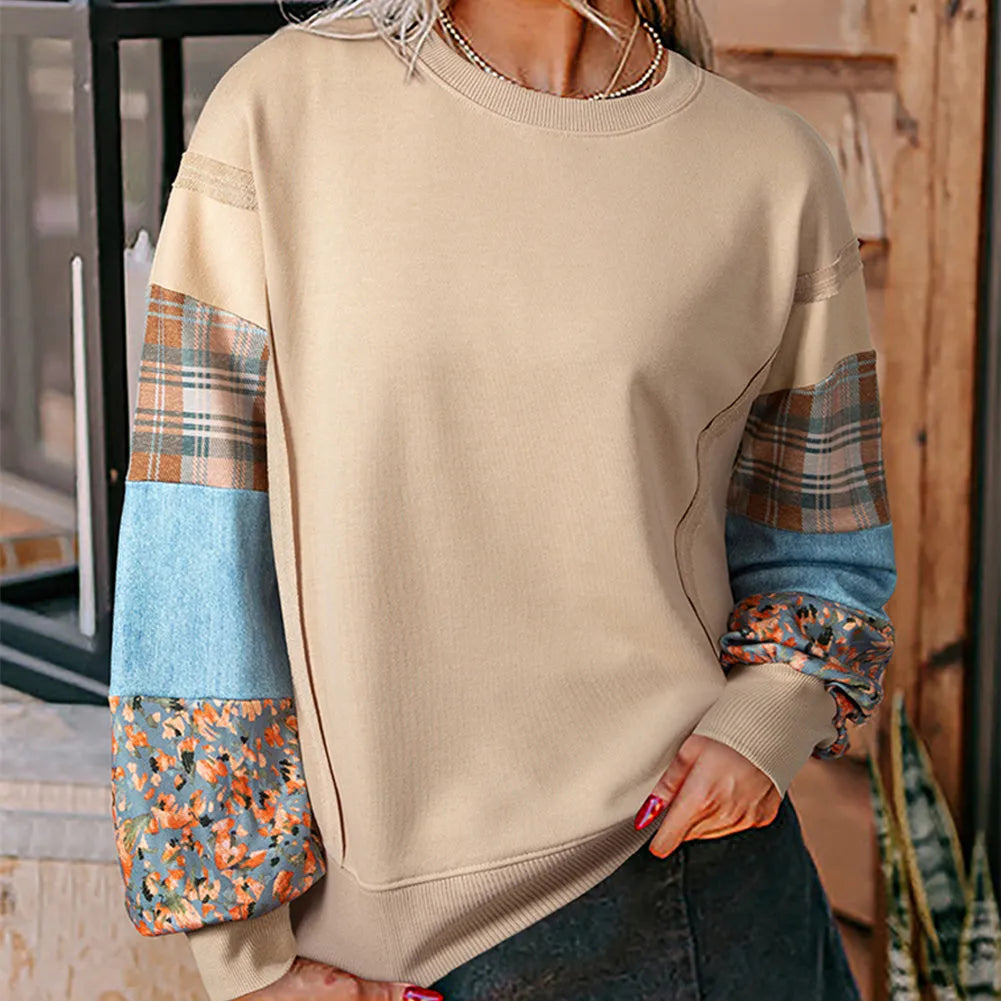 Women's loose-fit plaid stitching long-sleeved polyester top in beige colour