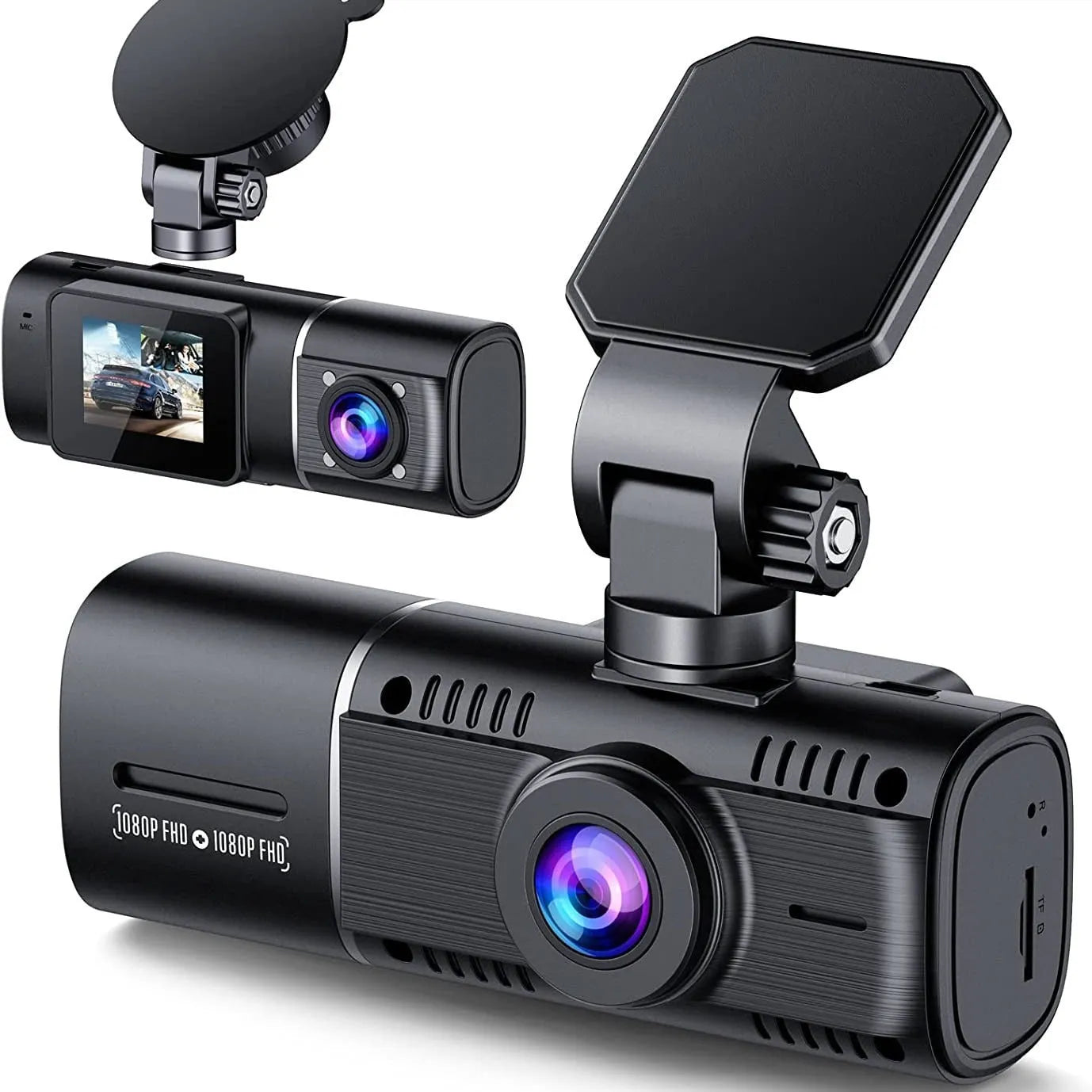 Black dashcam car camera with wide-angle lens, 1.5-inch screen, and mounting stand
