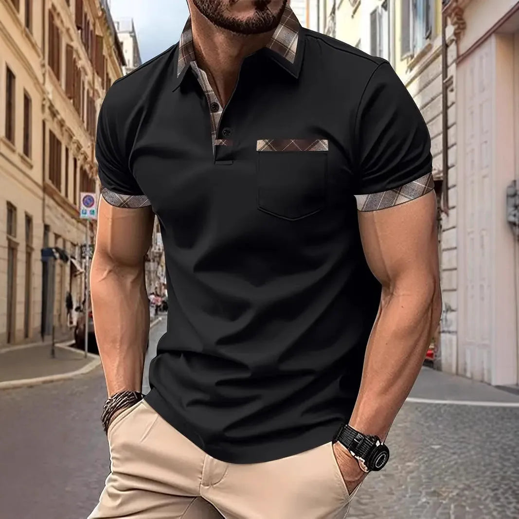 Men's plaid colourblock t-shirt with zipper decorations in loose fit for summer casual wear