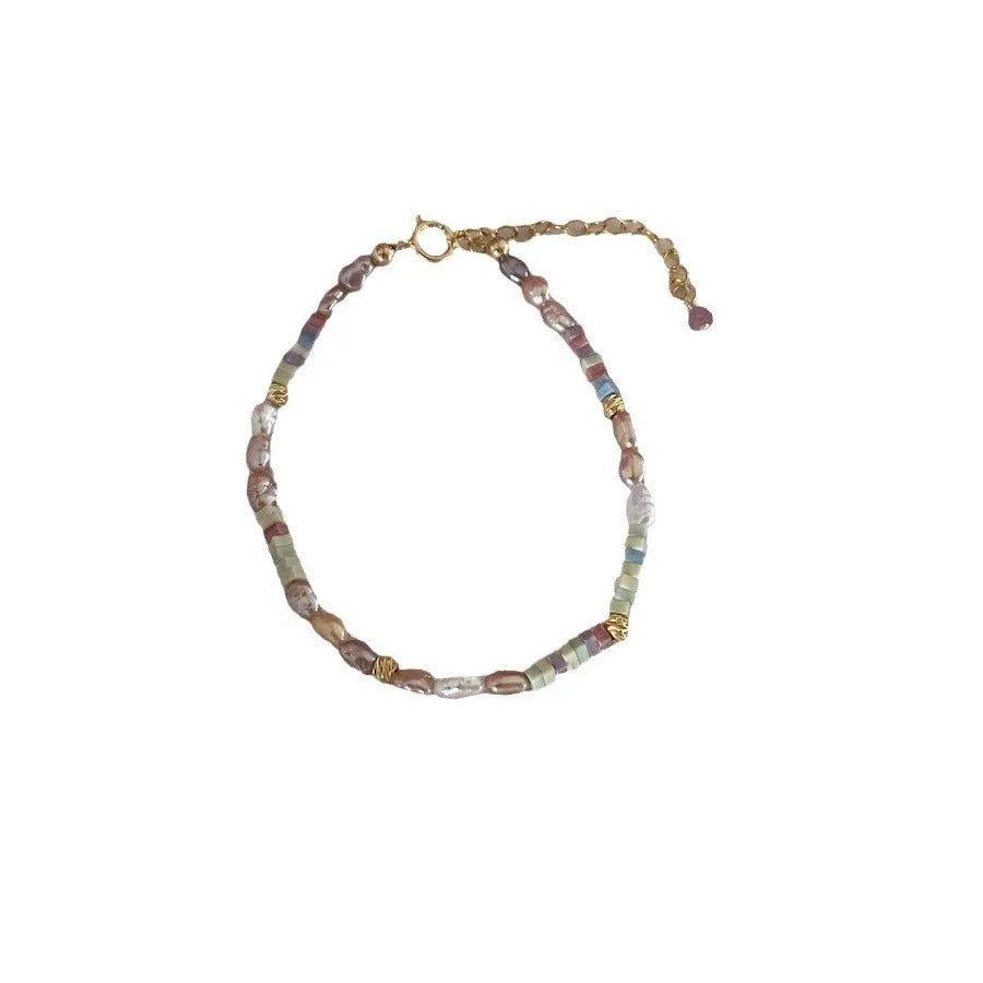 Women's 14K gold gilded natural pearl mini bracelet with irregular silver pieces and matching necklace