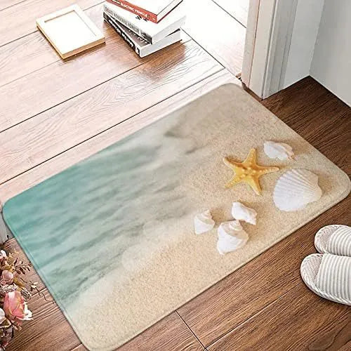 Square flannel floor mat in a coastal starfish print, available in multiple sizes.