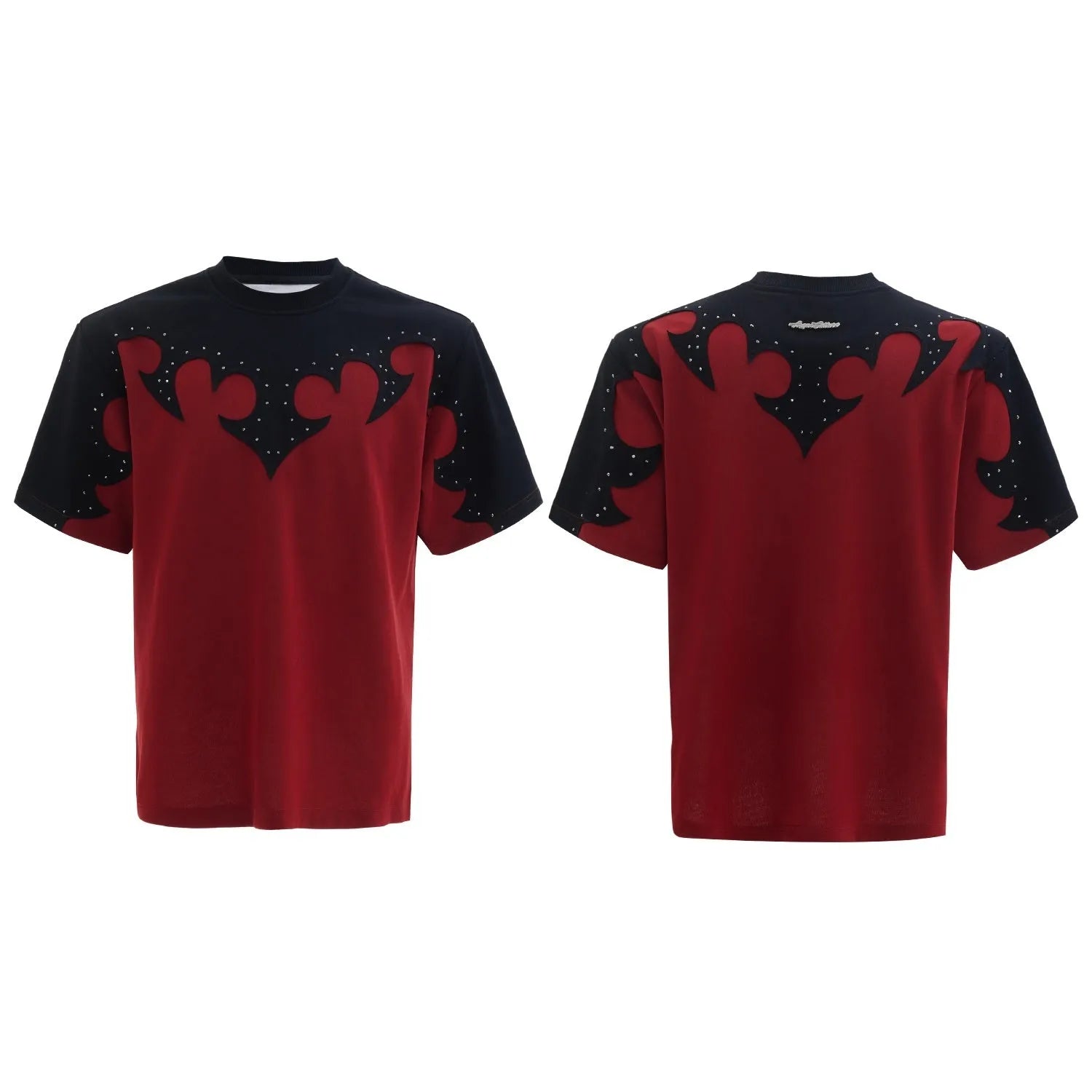 Men's red cotton t-shirt with burnt flower embroidery and rhinestone detailing on the front.