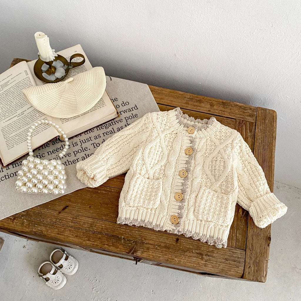 Girls' fashion personality round neck knitted coat in solid colour Apricot White cotton for toddlers