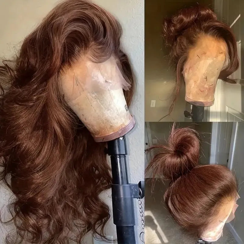 Women's long curly dark brown front lace wig with side bangs, made from high temperature fibre.