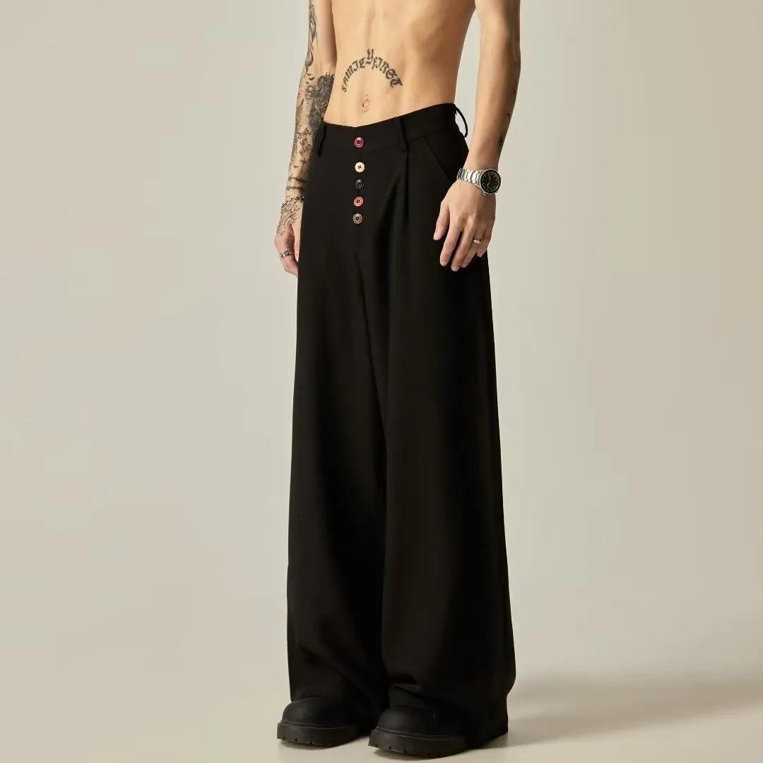 Men's black wide-leg casual trousers with straight cut and button fly detail