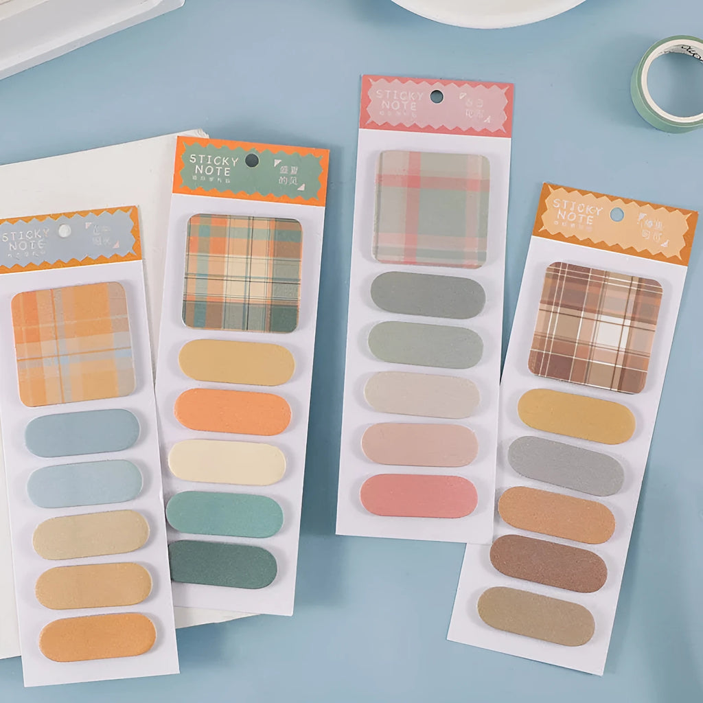 Colourful memo pad sticky notes set showing six plaid designs with 67mm x 200mm sheets