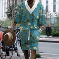 Men's peacock blue knitted casual suit set with 3D print design, showing T-shirt and mid-length shorts.