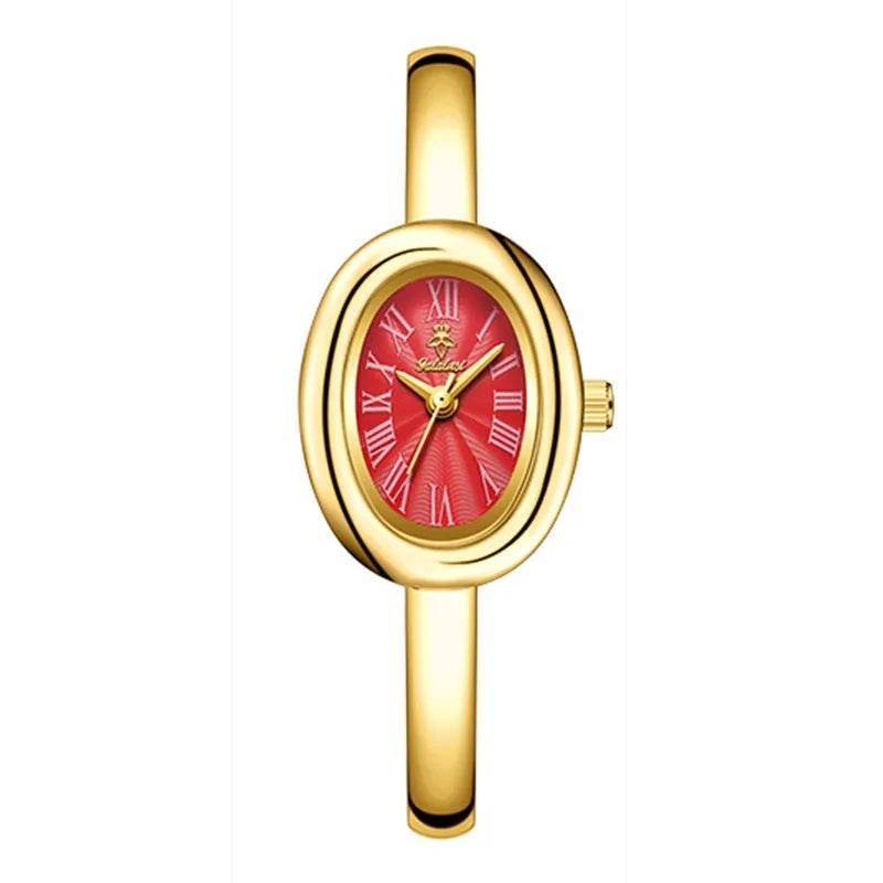 Women's oval retro quartz watch with 8mm thickness showing gold and silver colour options with spiral patterns