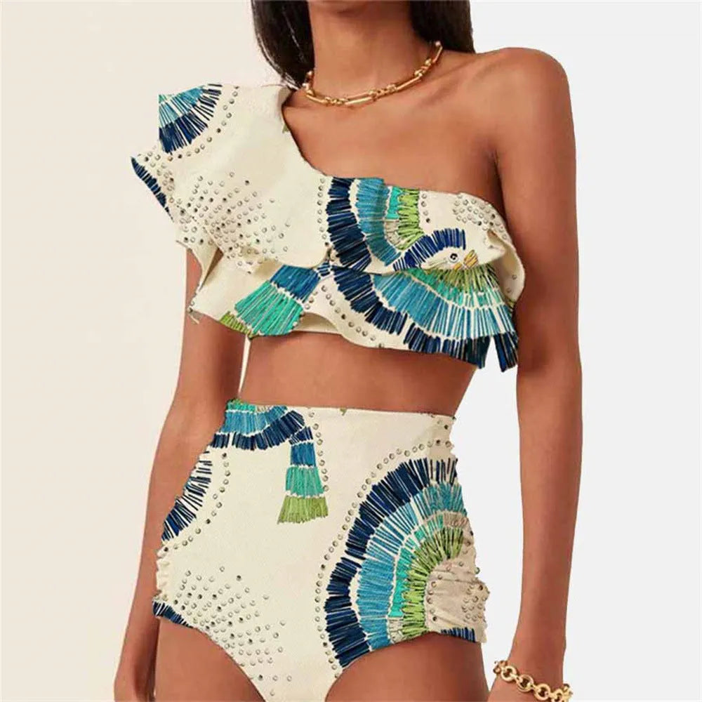 White women's one-shoulder swimsuit with large lotus leaf detail and side split.