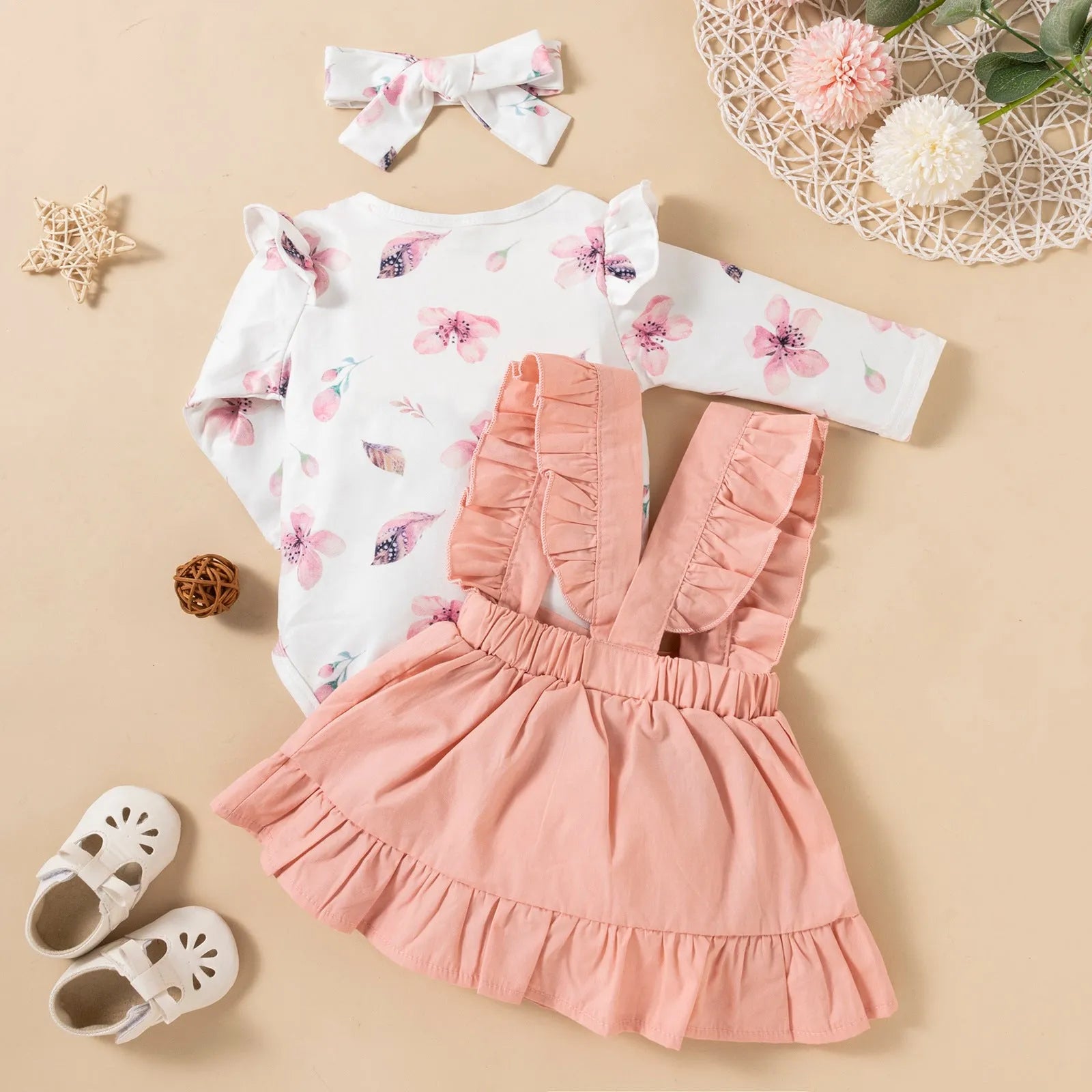 Pink cotton baby girl romper three-piece set with printed long-sleeved ruffled dress, strap skirt, and headdress