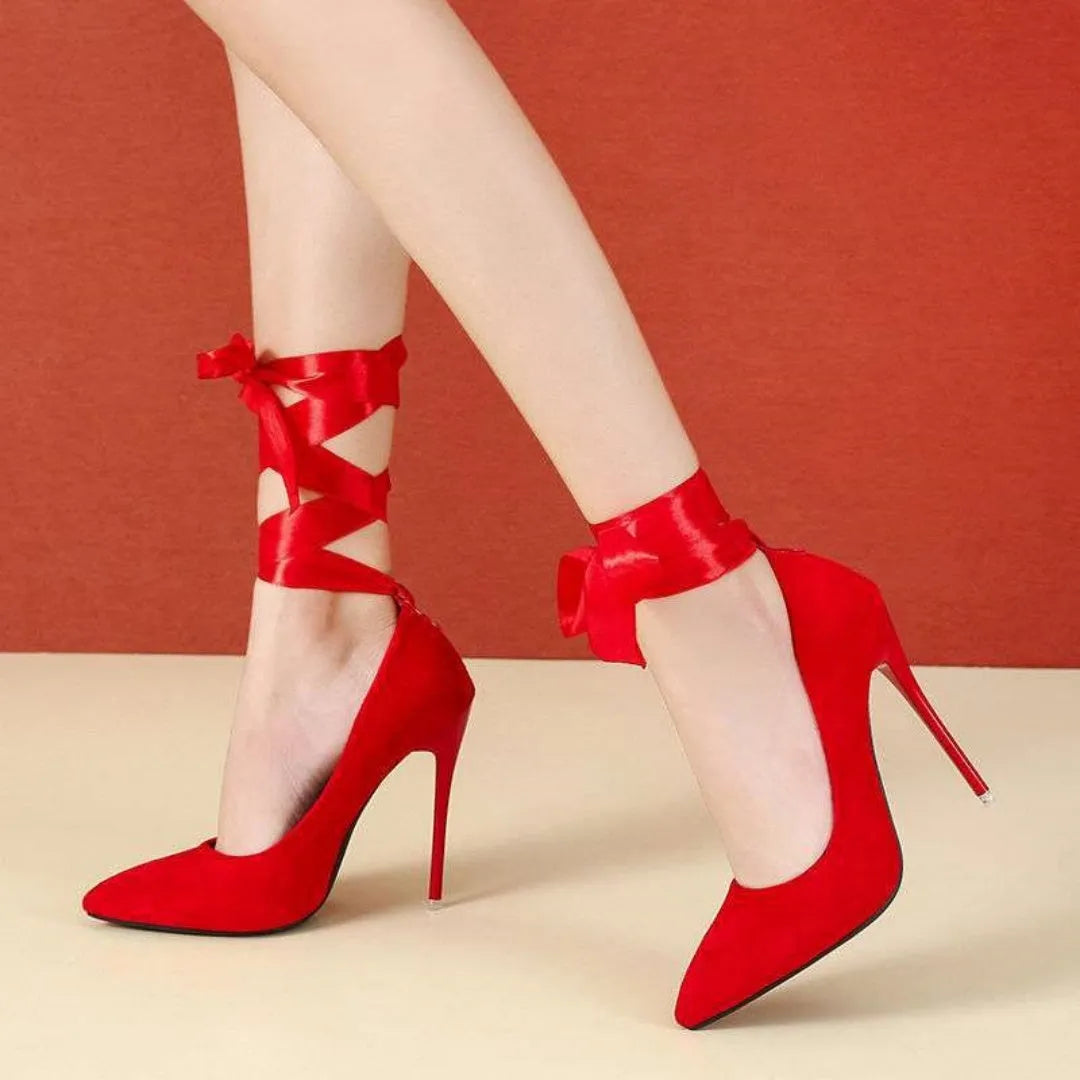 Women's black pointed toe platform heels with a thin fabric strap and a 12cm heel.