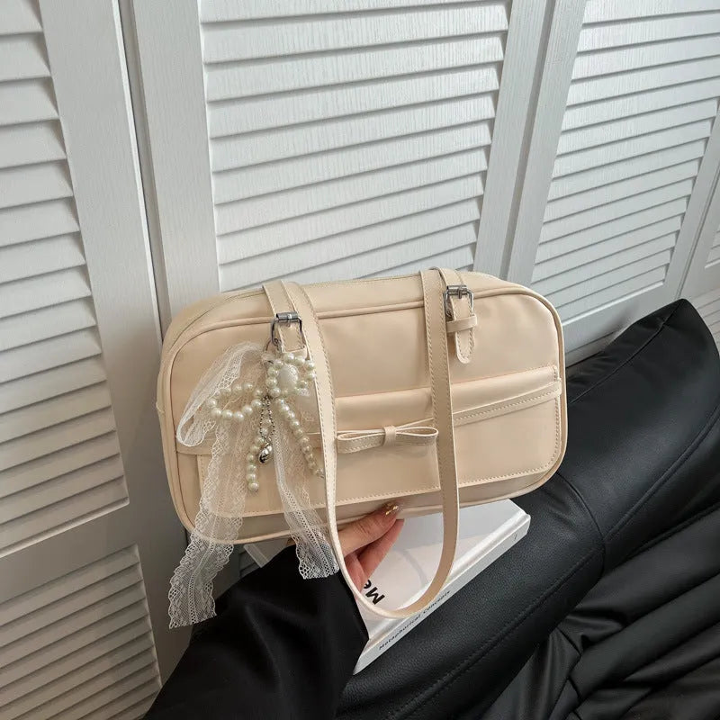 Women's horizontal square PU leather flap bag with double shoulder straps in choice of five colours