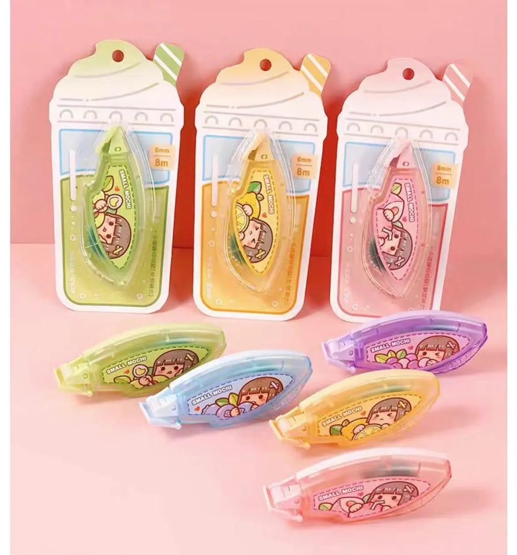 Dotting glue in plastic container with juice colours: peach, lemon, blueberry, butter, grape on cute card.