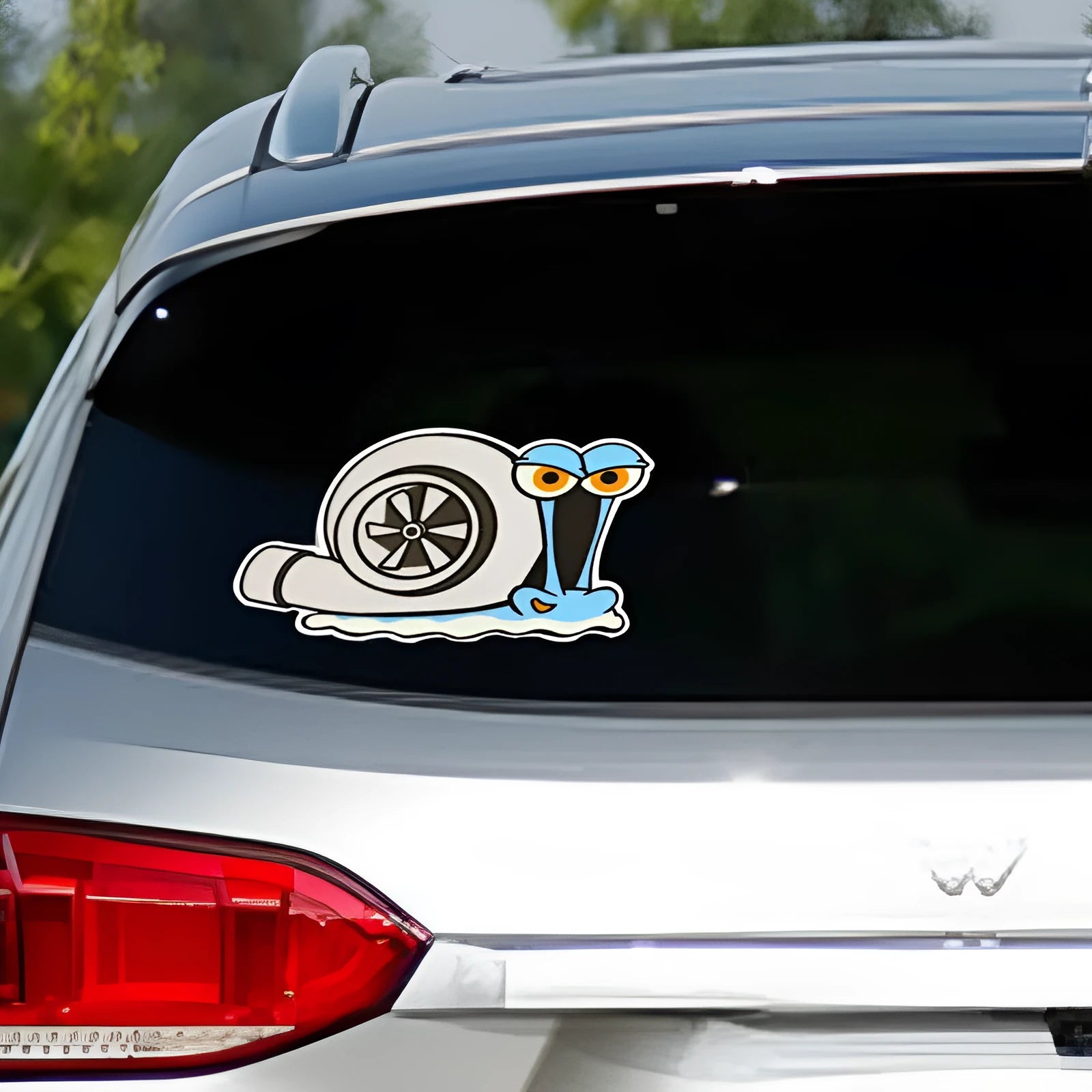 Reflective car bumper sticker with cartoon snail design measuring 12cm by 8cm
