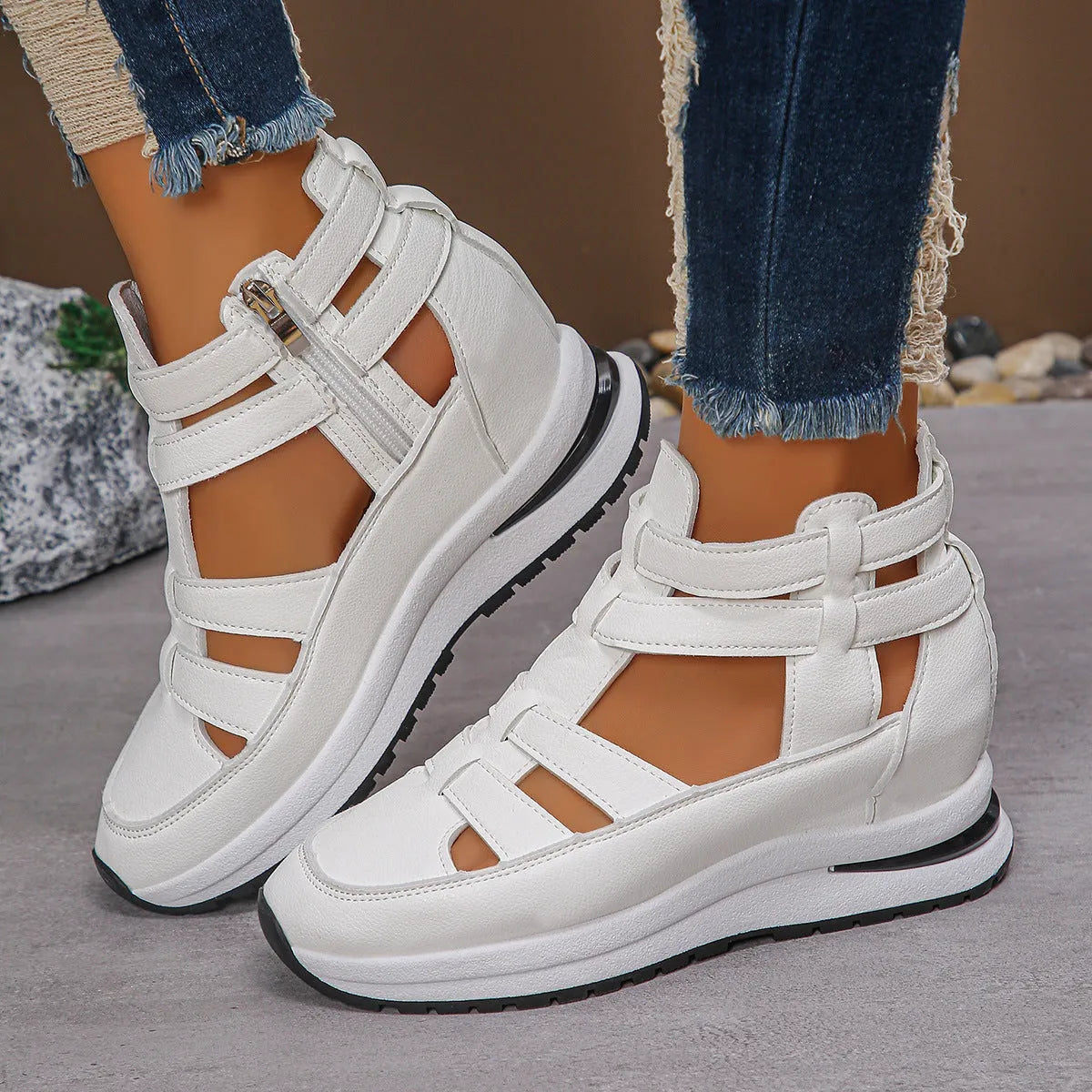 Women's black close-toed hollow-out platform sandals with velcro fastening