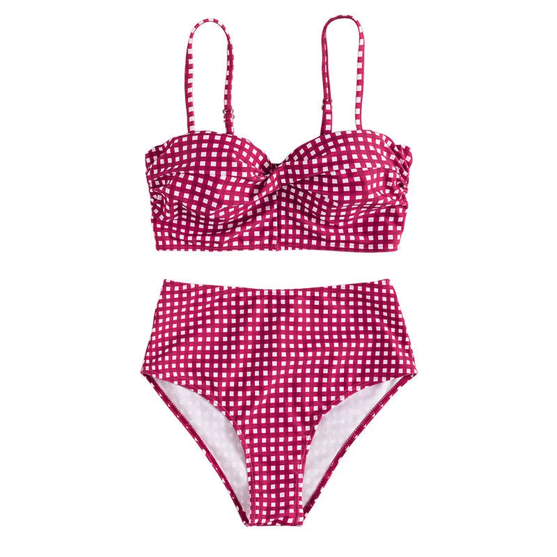 Women's plaid print bikini swimsuit with high-waisted briefs in blue colour