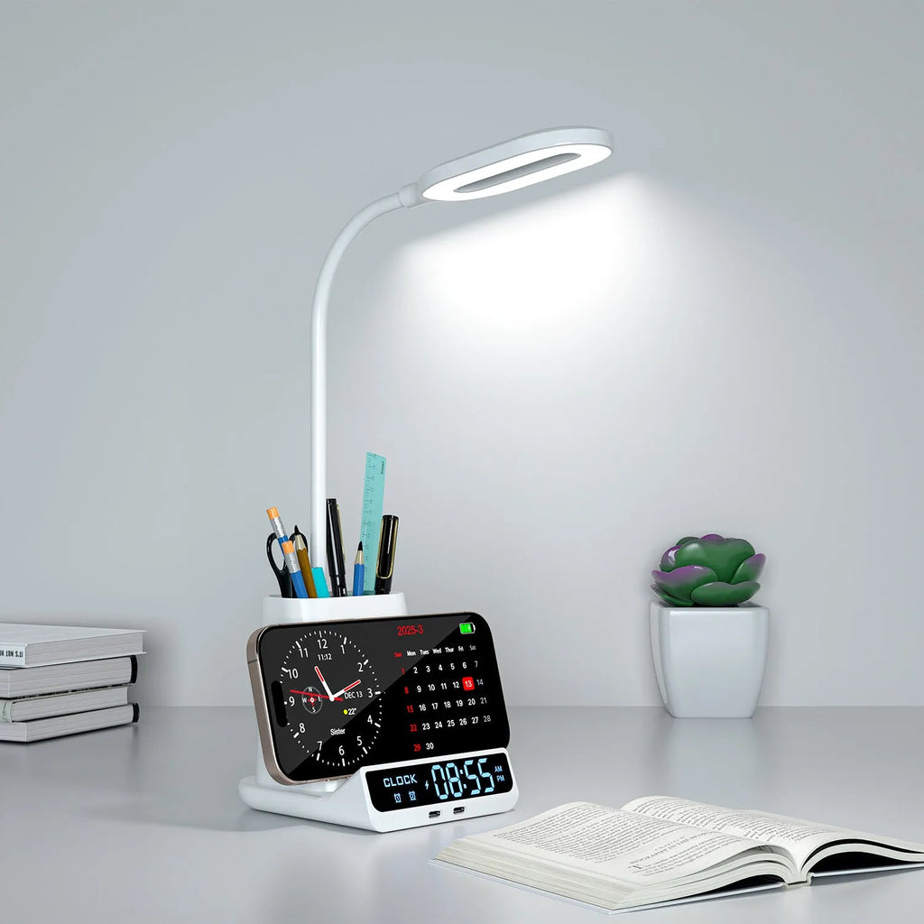 Wireless charging lamp with integrated pen holder and storage box in modern simplicity design
