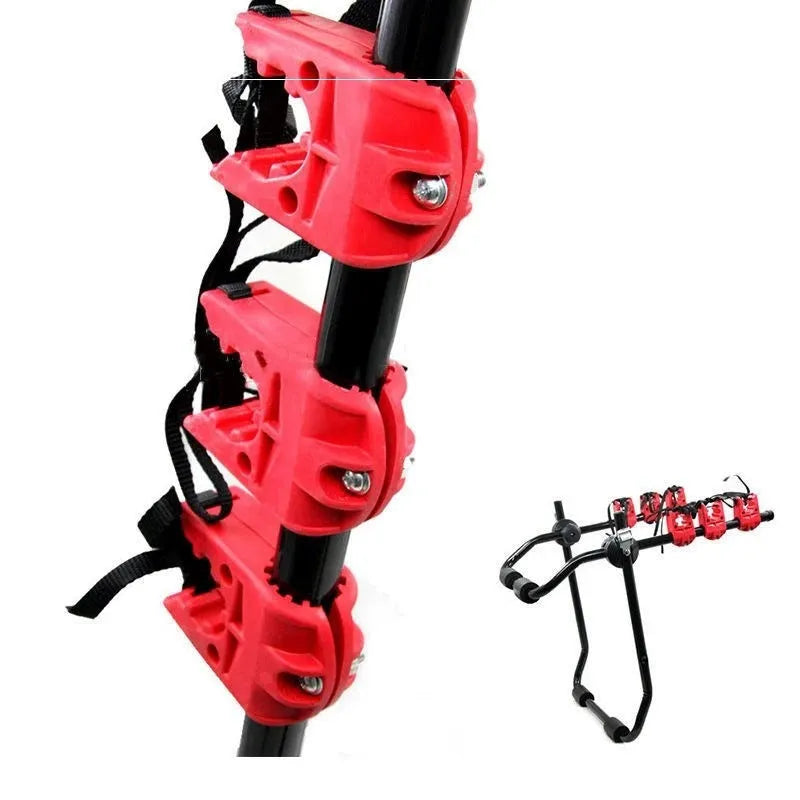 Black and red car trunk mounted bicycle rack holder with iron frame measuring 73x50cm