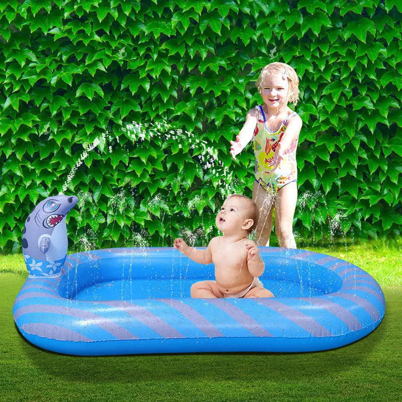 Blue dinosaur water spray pool mat with shark graphics measuring 170x105cm