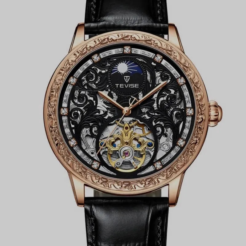 Business casual waterproof hollow out men's mechanical watch with rose black leather strap