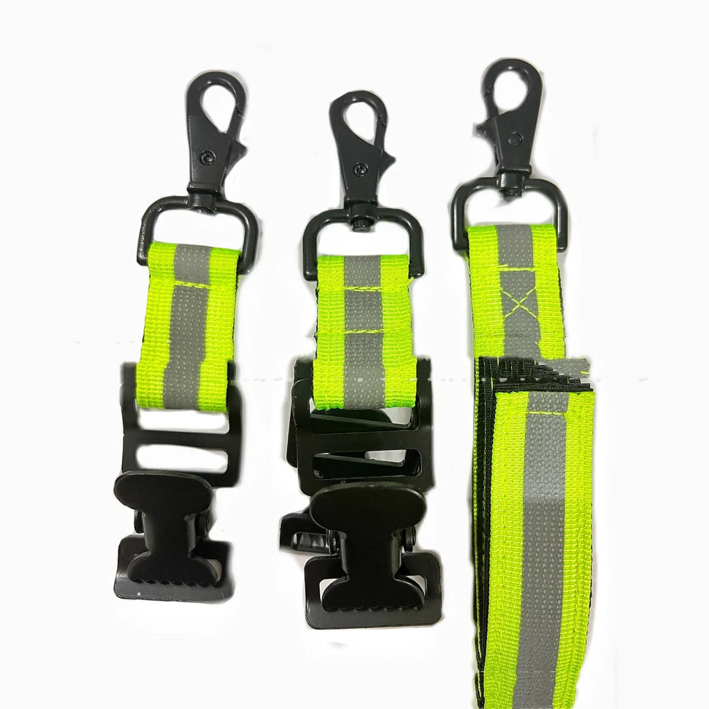 Fluorescent green metal safety clip with reflective tape for securing fireman gloves.