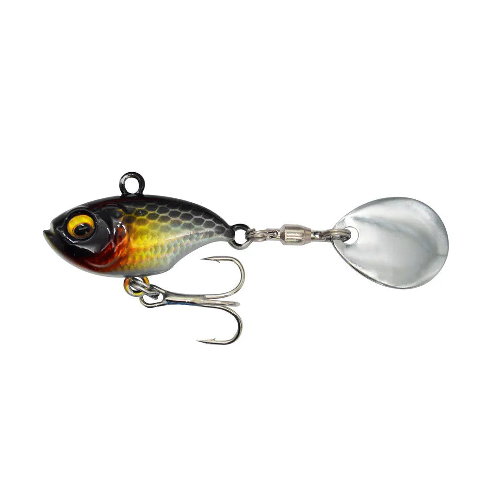Metal sea fishing lure with rotating sequins shown in multiple colour options including zebra orange and gold.