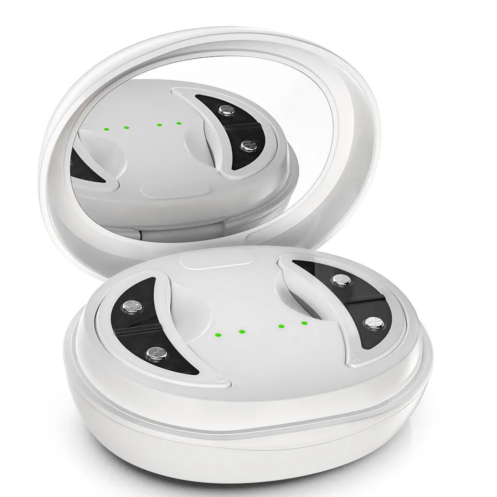 White handheld red light EMS facial and eye beauty massager device on a plain background.