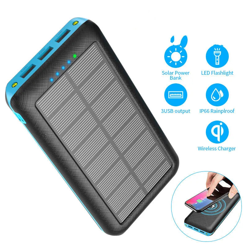 Black wireless solar power bank with Qi charging pad, three USB ports and an LED flashlight