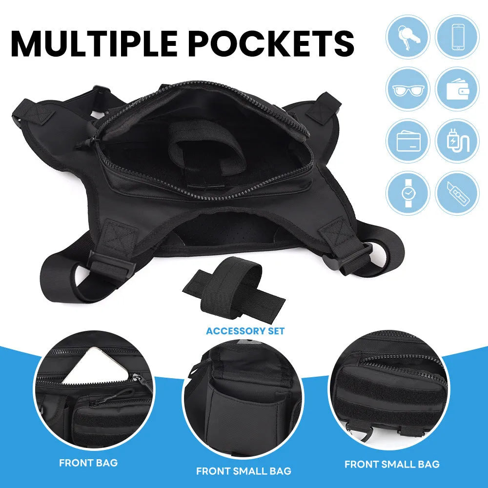 Men's black Oxford cloth chest bag worn as a vest, showing sewing line details and buckle closures.