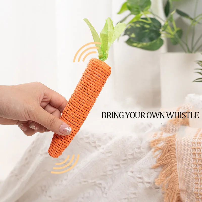 Assortment of cat toys including carrot-shaped paper bites, plastic ringing stones, and textured grinding sticks in two size options