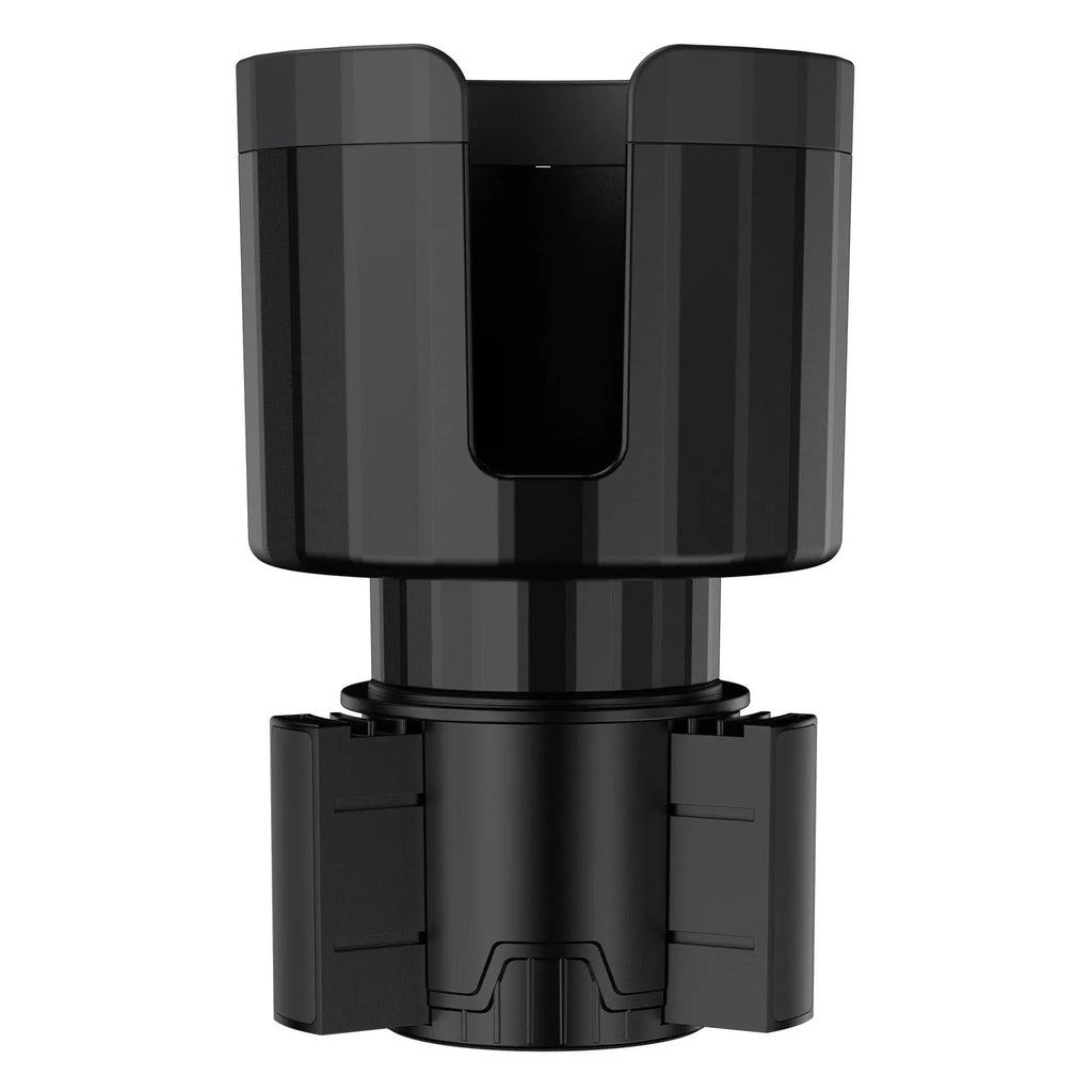 Matte black car cup holder expander with adjustable base for large bottles and travel mugs.