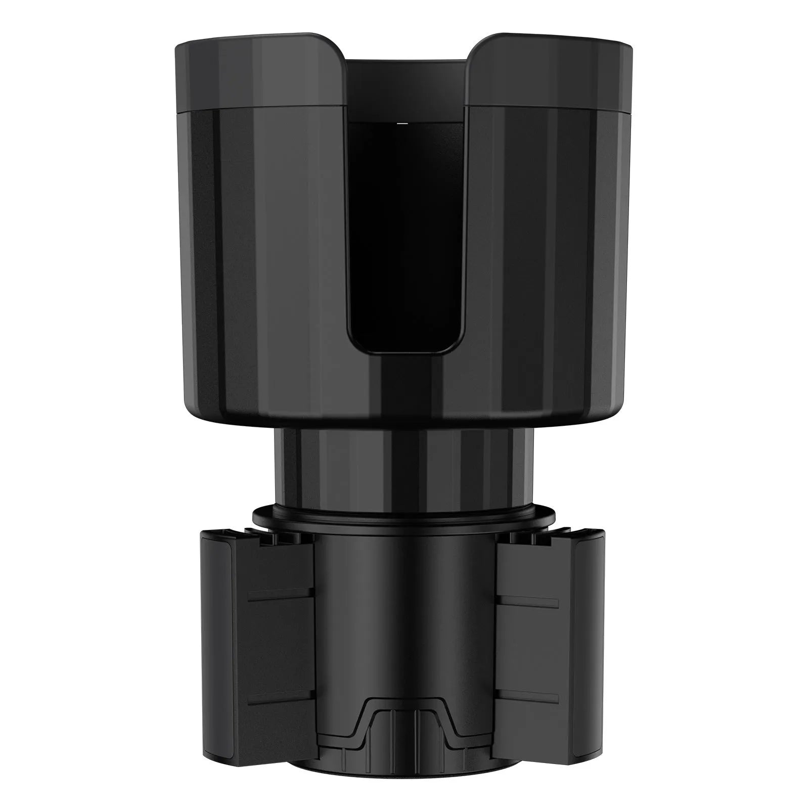 Matte black car cup holder expander with adjustable base for large bottles and travel mugs.