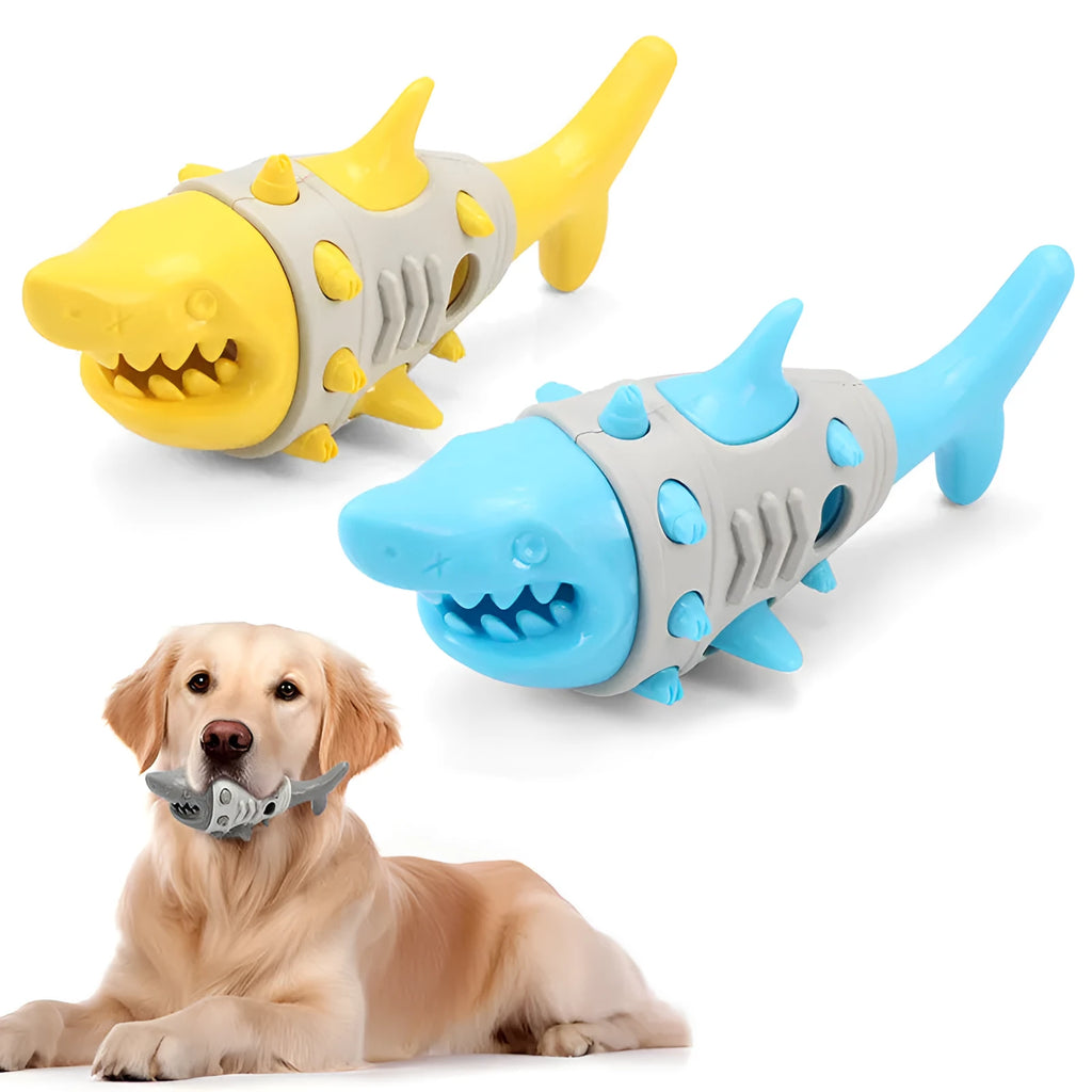 Blue durable rubber dog toy with shark-tooth texture and leaky design for teething puppies