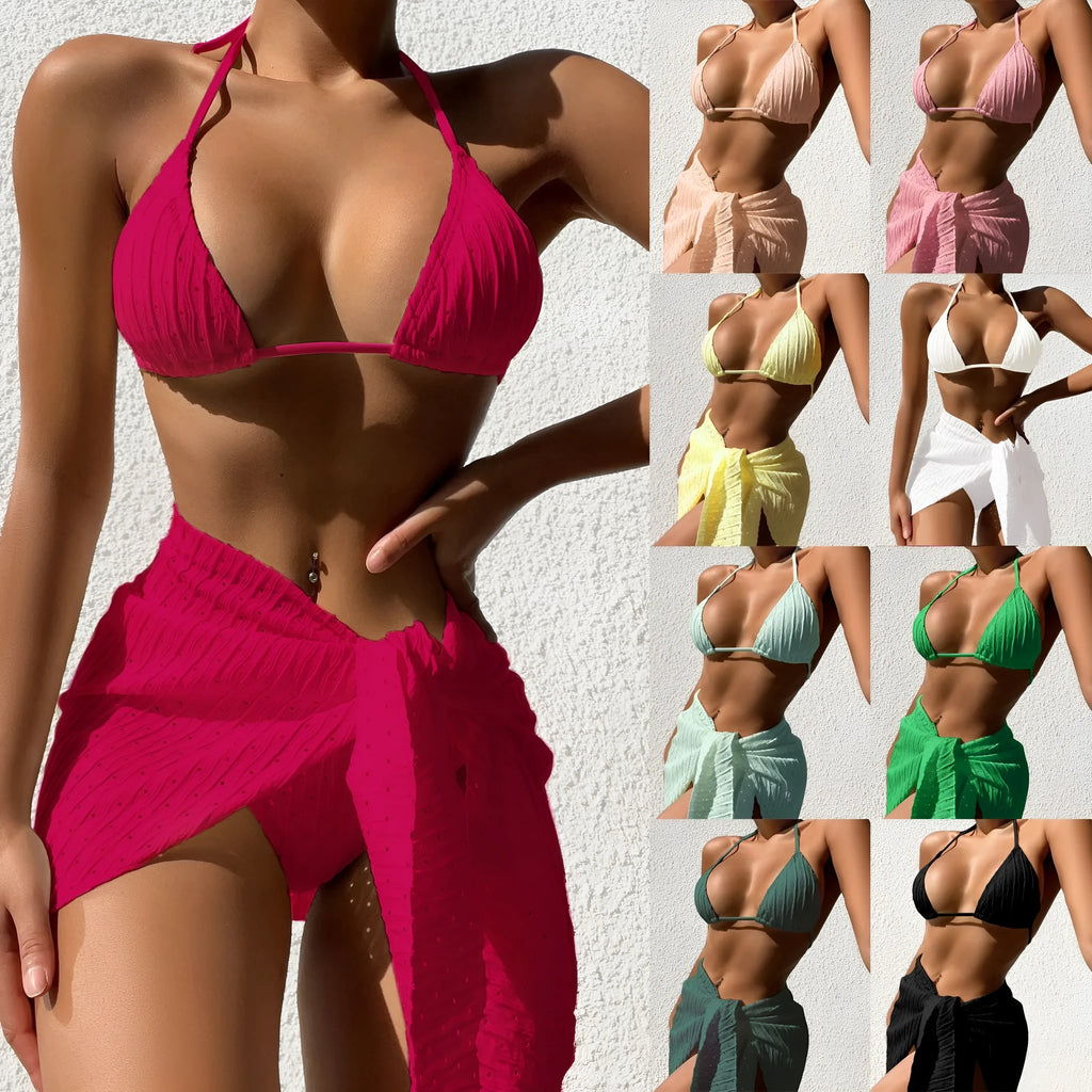 Halterneck bikini with mesh skirt in solid colour, backless design, shown in multiple colour options.