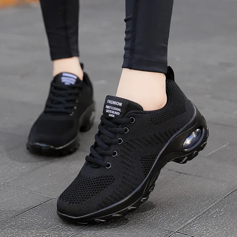Women's round toe mesh sneakers with front lace-up and 3-5cm mid heel in black or red