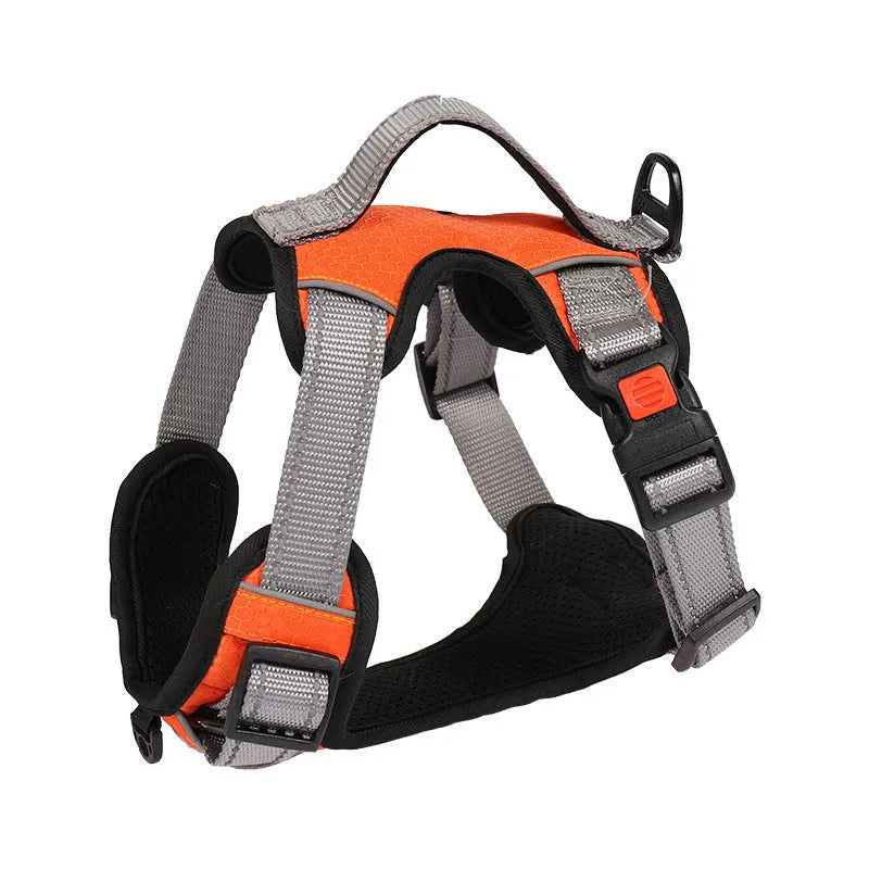 Orange polyester dog chest strap harness with an adjustable hand holding rope attached.