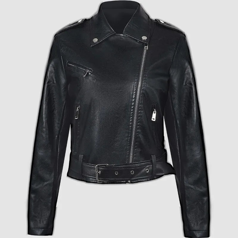Women's black PU leather motorcycle jacket with lapel collar and a short waist belt.