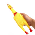 Yellow rubber screaming chicken dog squeak toy shown in three sizes: small, medium, and large.