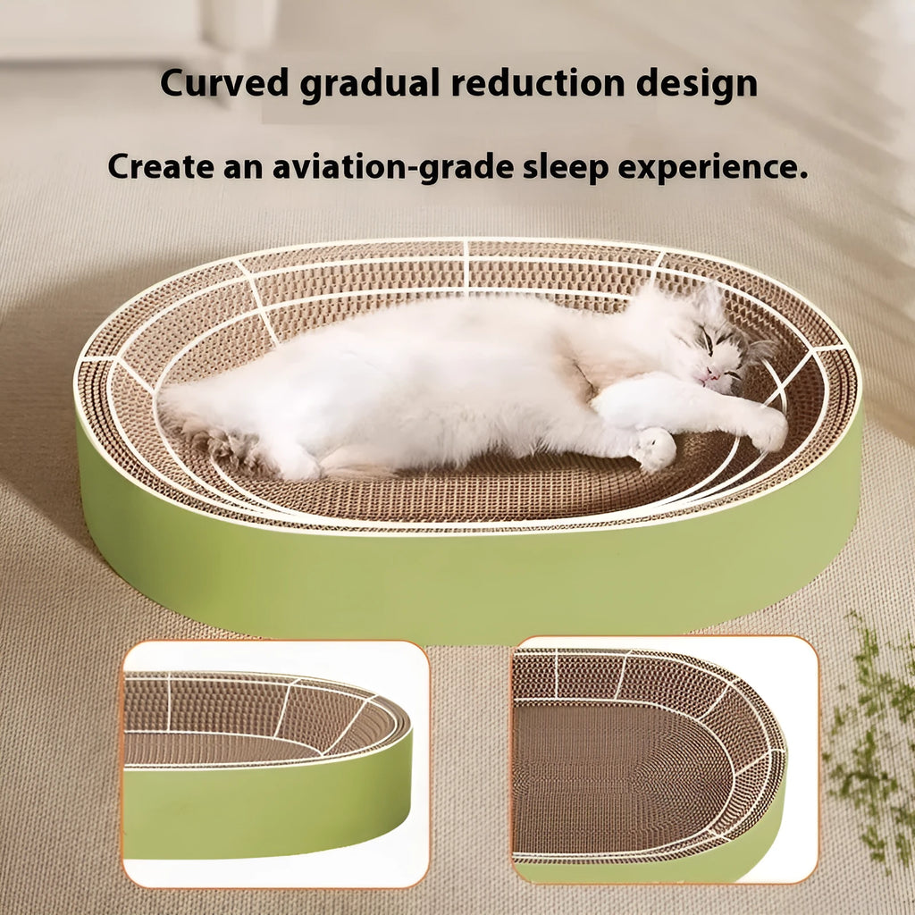 Green oval cat scratch board and nest measuring 55cm in diameter made from corrugated paper