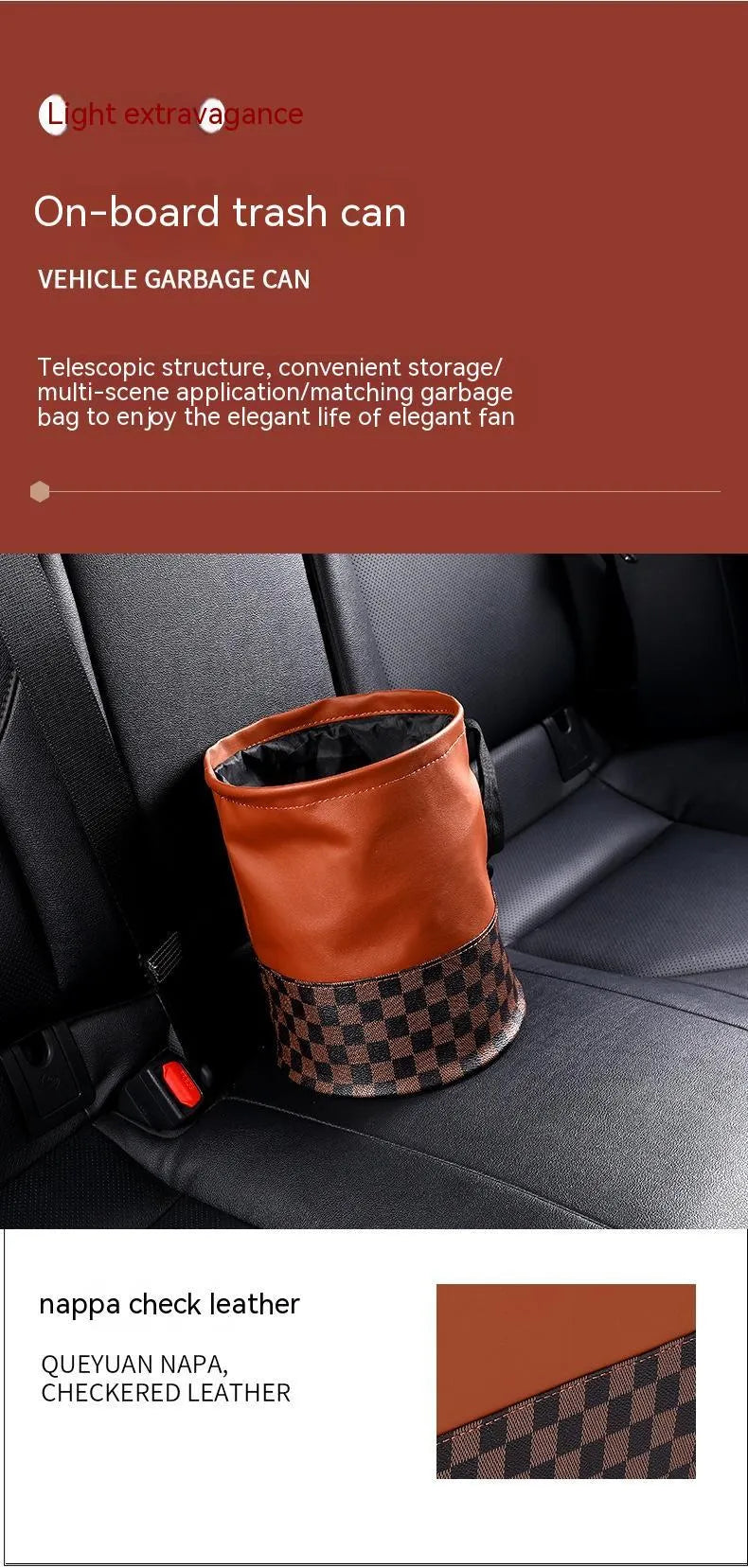 Black retractable leather car trash can with carry handle, shown folded and expanded