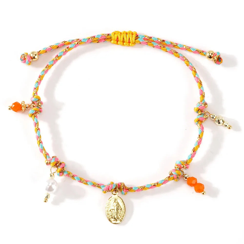 Hand-woven colourful braided rope bracelet for women in ethnic carrying strap tag design