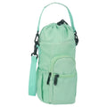 Black cloth water bottle pouch with crossbody strap and side handle on a model.