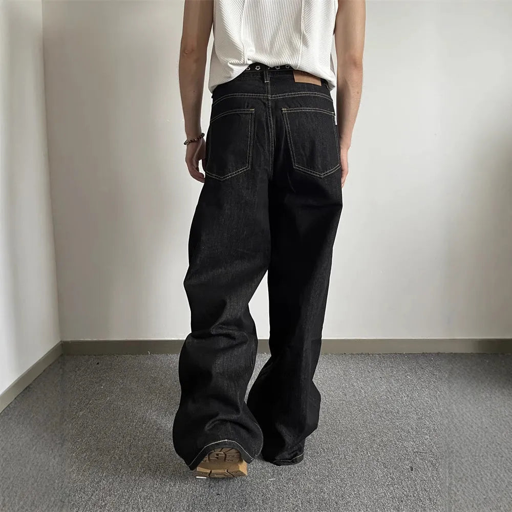 Black retro loose wide-leg jeans with straight-leg style and mid waist design