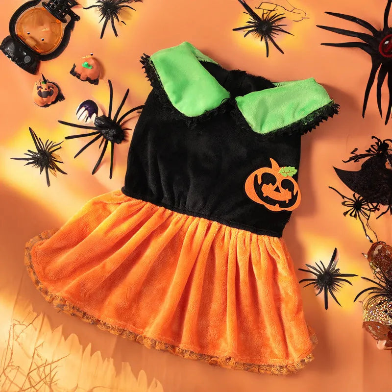 Halloween pumpkin skirt pet costume in crystal velvet material for dogs and cats