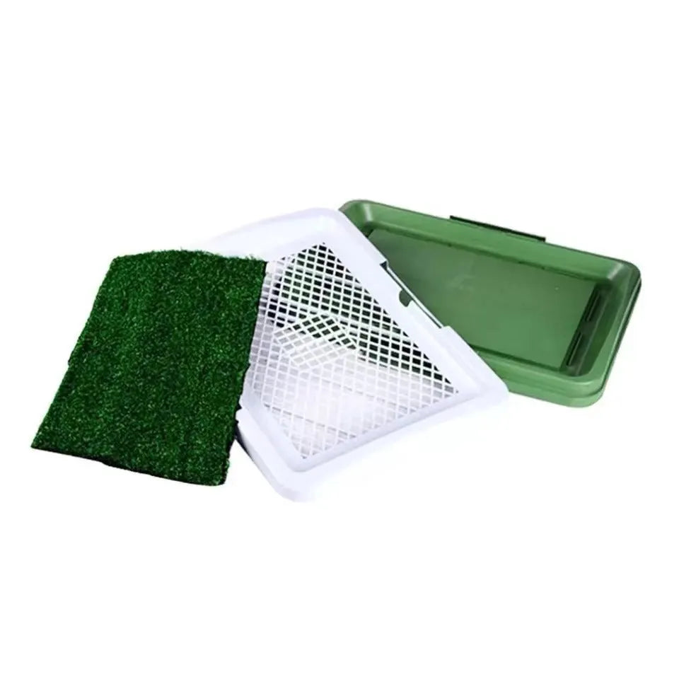 Green artificial turf dog toilet tray with three-layer construction for indoor puppy training.