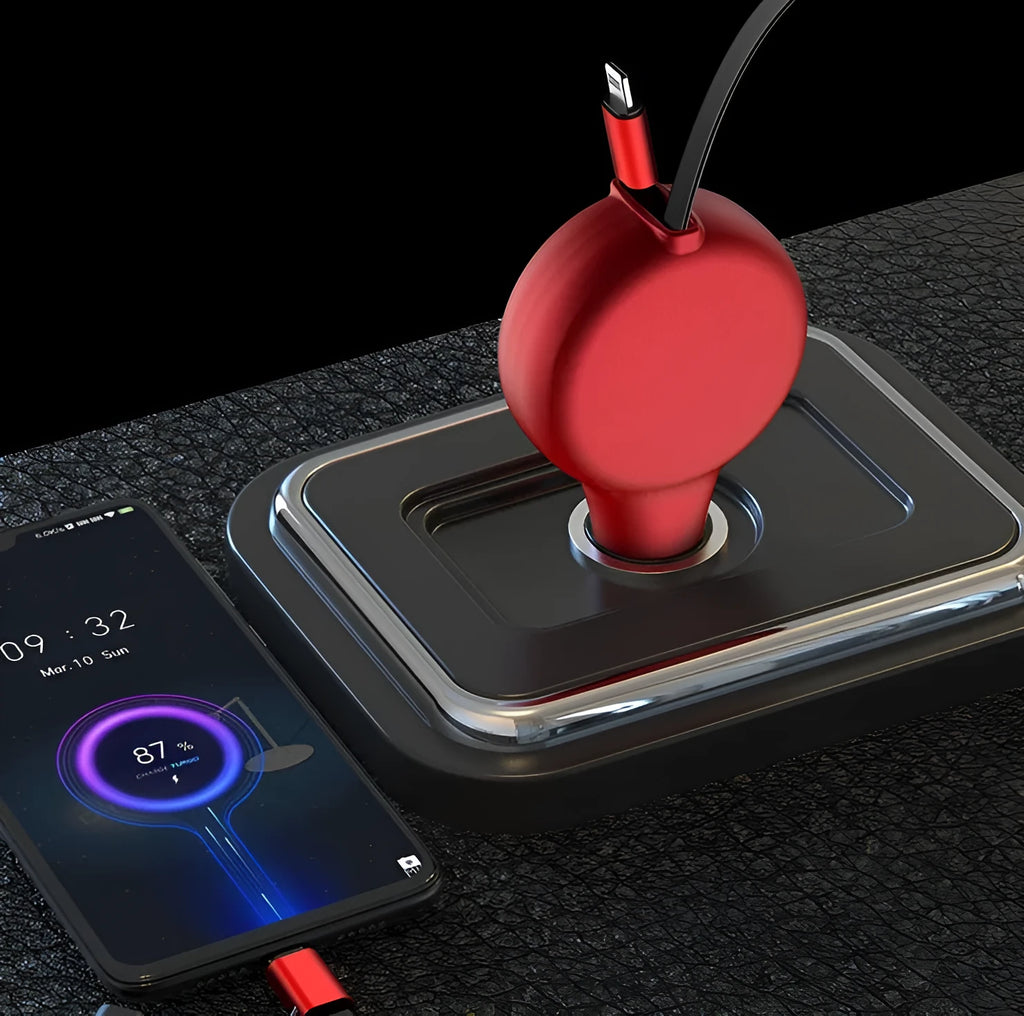 Black retractable car charger with extended Type-C and Lightning cables plugged into vehicle socket